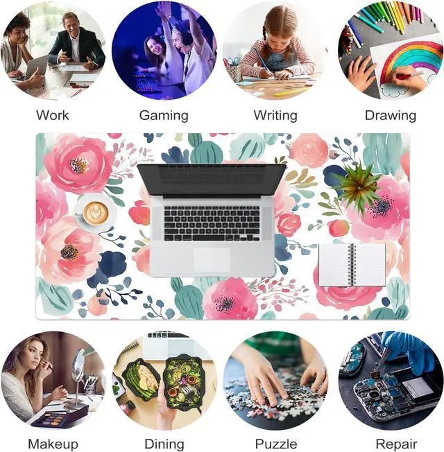 Alt view image 6 of 7 - Large Mouse Pad Pink Floral Desk Mat for Desktop Women Girls Flowers PU Leather Waterproof Desk Pad Computer PC Laptop Protector Gaming Mouse Pads for School Office Home 31.5 x 15.7