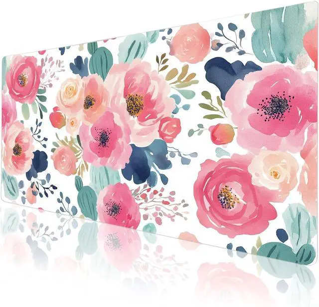 Alt view image 7 of 7 - Large Mouse Pad Pink Floral Desk Mat for Desktop Women Girls Flowers PU Leather Waterproof Desk Pad Computer PC Laptop Protector Gaming Mouse Pads for School Office Home 31.5 x 15.7