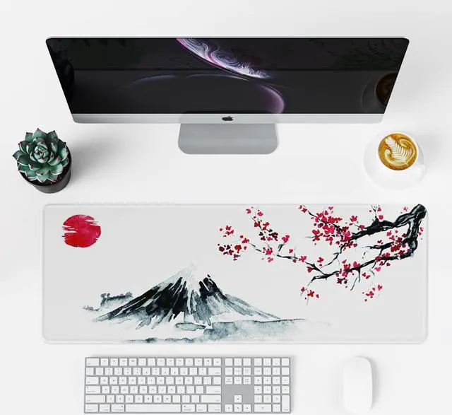 Alt view image 2 of 7 - Japanese Cherry Blossom White Mouse Pad (31.5 × 11.8 × 0.12 inch) Extended Large Mouse Mat Desk Pad Stitched Edges Mousepad Non-Slip Rubber Base Gaming Mouse Pad XL Office & Home.