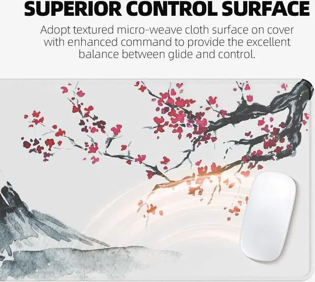Alt view image 4 of 7 - Japanese Cherry Blossom White Mouse Pad (31.5 × 11.8 × 0.12 inch) Extended Large Mouse Mat Desk Pad Stitched Edges Mousepad Non-Slip Rubber Base Gaming Mouse Pad XL Office & Home.