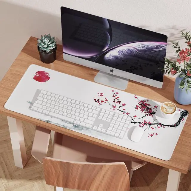Alt view image 7 of 7 - Japanese Cherry Blossom White Mouse Pad (31.5 × 11.8 × 0.12 inch) Extended Large Mouse Mat Desk Pad Stitched Edges Mousepad Non-Slip Rubber Base Gaming Mouse Pad XL Office & Home.