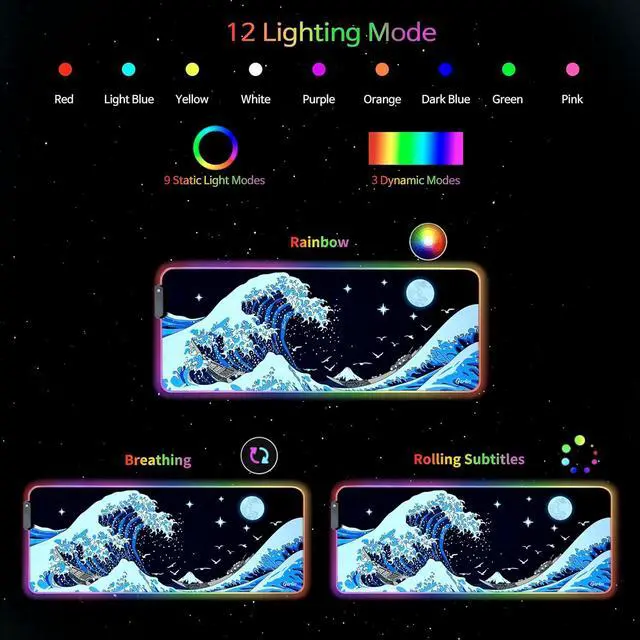 Alt view image 6 of 7 - RGB Large Gaming Mouse Pad Extended Soft LED Mouse Pad Non-Slip Rubber Base Water Resist Keyboard Pad Computer Mousepad 31.5×11.8 inches