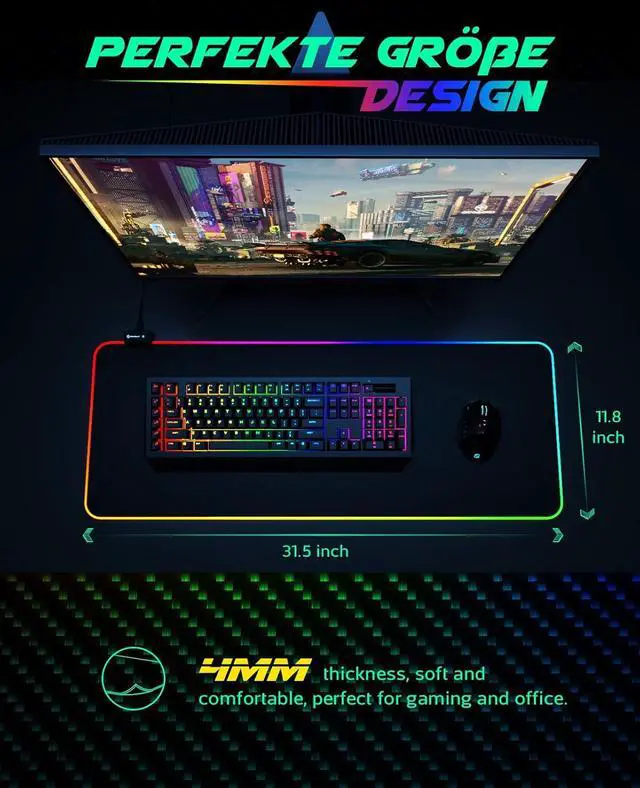 Alt view image 5 of 7 - RGB Gaming Mouse Pad Large Extended Soft Led Mouse Pad with 14 Lighting Modes 2 Brightness Levels Computer Keyboard Mousepads Mat 800 x 300mm / 31.5×11.8 inches