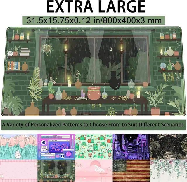Alt view image 2 of 6 - Cute Rainy Night Desk Mat Green Plants Desk Pad Anime Black Cat Kawaii Large Gaming Mouse Pad Moonlight Fireflies Deskmat Aesthetic Mousepad XXL Laptop Keyboard Pad for Women Desk 31.5x15.75