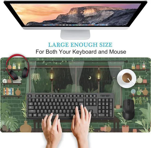 Alt view image 3 of 6 - Cute Rainy Night Desk Mat Green Plants Desk Pad Anime Black Cat Kawaii Large Gaming Mouse Pad Moonlight Fireflies Deskmat Aesthetic Mousepad XXL Laptop Keyboard Pad for Women Desk 31.5x15.75