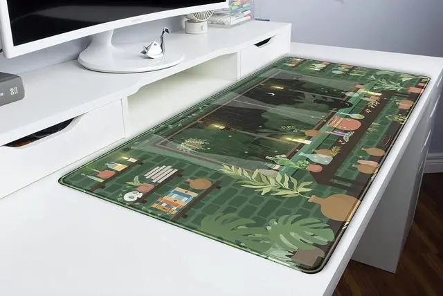 Alt view image 6 of 6 - Cute Rainy Night Desk Mat Green Plants Desk Pad Anime Black Cat Kawaii Large Gaming Mouse Pad Moonlight Fireflies Deskmat Aesthetic Mousepad XXL Laptop Keyboard Pad for Women Desk 31.5x15.75