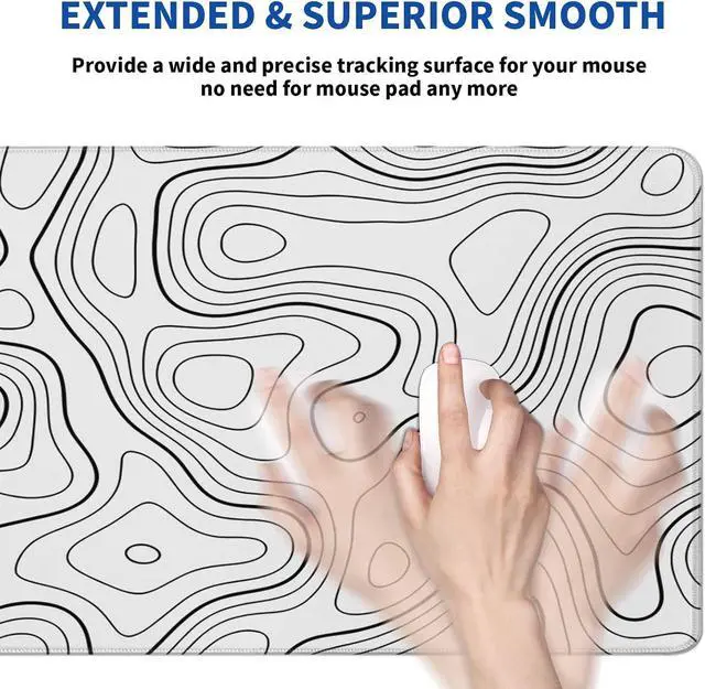 Alt view image 5 of 7 - Topographic Contour Gaming Mouse Pad White Large Mouse Pad for Keyboard and Mousepad Desk Mat with 3mm Non-Slip Base and Stitched Edge for Gaming and Office Computer Mat Protector Mat 31.5x11.8 Inch