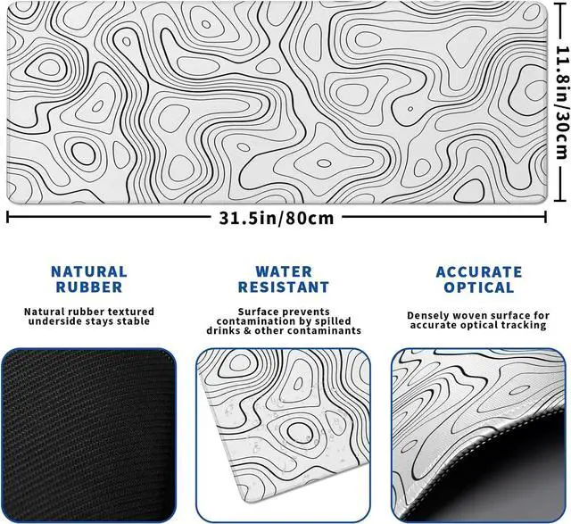 Alt view image 3 of 7 - Topographic Contour Gaming Mouse Pad White Large Mouse Pad for Keyboard and Mousepad Desk Mat with 3mm Non-Slip Base and Stitched Edge for Gaming and Office Computer Mat Protector Mat 31.5x11.8 Inch