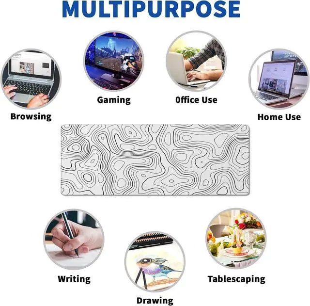 Alt view image 7 of 7 - Topographic Contour Gaming Mouse Pad White Large Mouse Pad for Keyboard and Mousepad Desk Mat with 3mm Non-Slip Base and Stitched Edge for Gaming and Office Computer Mat Protector Mat 31.5x11.8 Inch