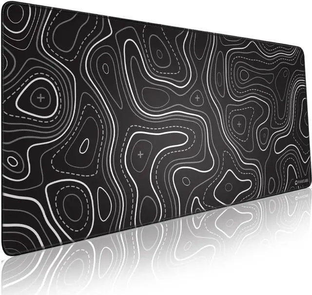 Main image of Minimalist Topographic Map Mouse Pad - Contour Extended Large Stitch Edge Mousepad. Black & White Non-Slip XXL Gaming Desk Mat