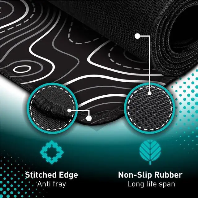 Alt view image 2 of 7 - Minimalist Topographic Map Mouse Pad - Contour Extended Large Stitch Edge Mousepad. Black & White Non-Slip XXL Gaming Desk Mat
