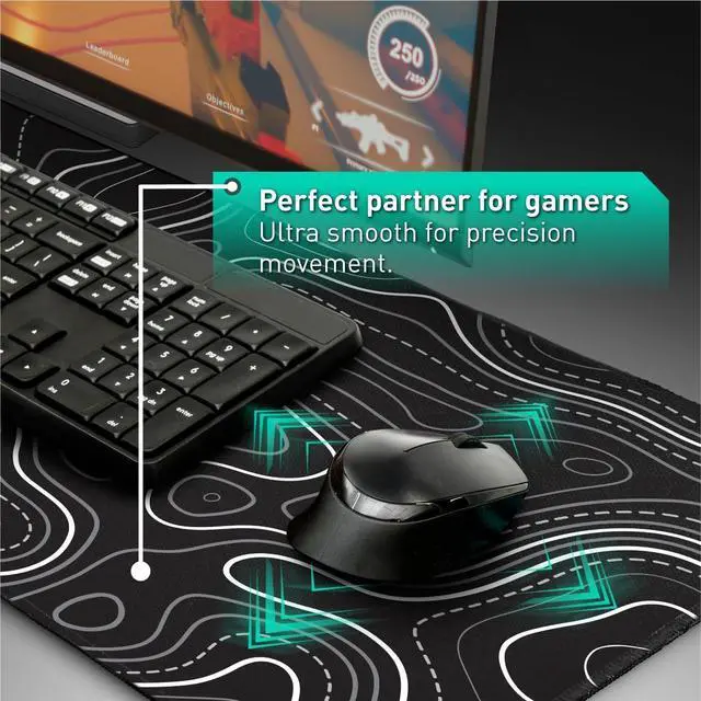 Alt view image 5 of 7 - Minimalist Topographic Map Mouse Pad - Contour Extended Large Stitch Edge Mousepad. Black & White Non-Slip XXL Gaming Desk Mat