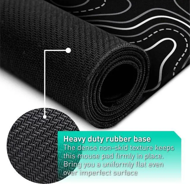 Alt view image 7 of 7 - Minimalist Topographic Map Mouse Pad - Contour Extended Large Stitch Edge Mousepad. Black & White Non-Slip XXL Gaming Desk Mat
