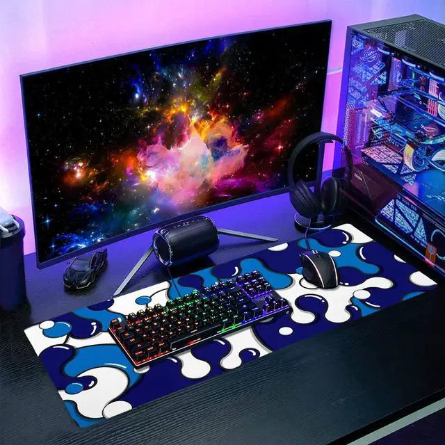 Alt view image 7 of 7 - Navy Blue White Mouse Pad Anime Cool Geometric Japanese Extended Desk Mat 80X30 cm Non-Slip Rubber Base Stitched Edge Large XL Mousepad for Desk Gaming Laptop Desktop 31.5×11.8 Inch