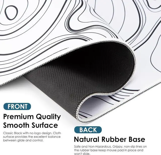 Alt view image 2 of 7 - Black and White Mouse Pad Topographic Map Large Gaming Mousepad - Extended Contour Mouse Mat Laptop Keyboard Mat with Non-Slip Rubber Base Stitched Edges (31.50x11.81x0.12 not Waterproof)