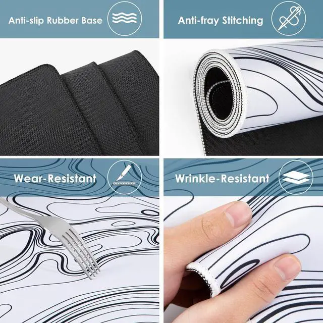 Alt view image 4 of 7 - Black and White Mouse Pad Topographic Map Large Gaming Mousepad - Extended Contour Mouse Mat Laptop Keyboard Mat with Non-Slip Rubber Base Stitched Edges (31.50x11.81x0.12 not Waterproof)