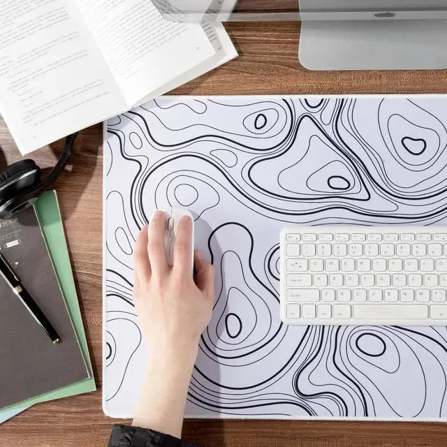 Alt view image 6 of 7 - Black and White Mouse Pad Topographic Map Large Gaming Mousepad - Extended Contour Mouse Mat Laptop Keyboard Mat with Non-Slip Rubber Base Stitched Edges (31.50x11.81x0.12 not Waterproof)