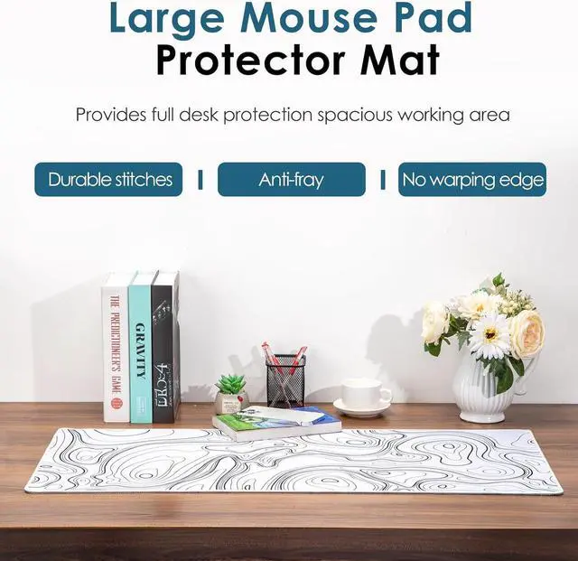 Alt view image 7 of 7 - Black and White Mouse Pad Topographic Map Large Gaming Mousepad - Extended Contour Mouse Mat Laptop Keyboard Mat with Non-Slip Rubber Base Stitched Edges (31.50x11.81x0.12 not Waterproof)