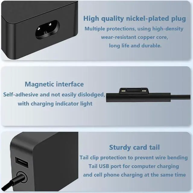 Alt view image 3 of 7 - 65W 44W 1706 Surface Pro Charger Fit for  Surface Pro 9 8 7+ 7 6 5 4 3 X Surface Laptop 5 4 3 2 1 Fit Model 1800 1943 1950 1958 1866 1724 1963 1625 1796 1769 1735 Laptop Adapter Power Cord