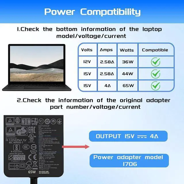 Alt view image 5 of 7 - 65W 44W 1706 Surface Pro Charger Fit for  Surface Pro 9 8 7+ 7 6 5 4 3 X Surface Laptop 5 4 3 2 1 Fit Model 1800 1943 1950 1958 1866 1724 1963 1625 1796 1769 1735 Laptop Adapter Power Cord
