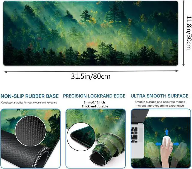 Alt view image 5 of 7 - Mouse Pad Office Desk Mat Large Gaming Keyboard Pad Durable Stitched Edges Washable Smooth Surface Control & Accuracy Extended Computer Mouse Mat (31.5X11.8In)-Green Forest