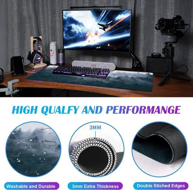 Alt view image 4 of 7 - Large Extended Gaming Mouse Pad with Stitched Edges Non-Slip Waterproof Rubber Base Mouse Pad for Office Computer Keyboard Laptop and Home Desk Pad 35.4 x 15.7 x 0.12 Inch (Grey Forest)