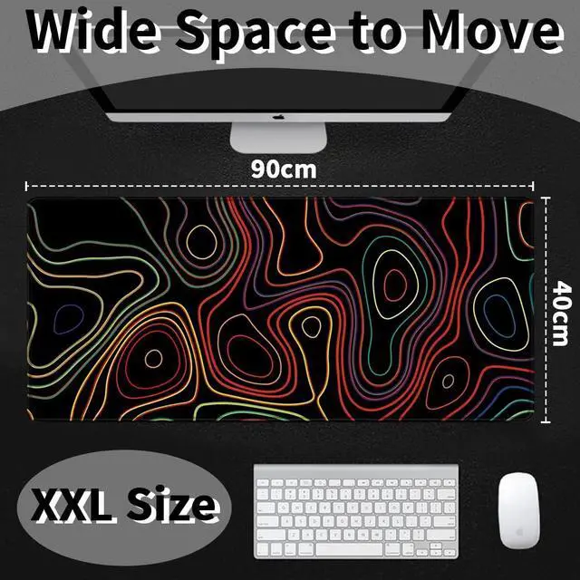 Alt view image 2 of 7 - Extended Mouse Pad with Stitched Edges Extra Large Gaming Mousepads with Non-Slip Rubber Base and Micro-Weave Cloth Desk Mat for Gamer Office Home(35.4x15.7 inch Topographic Map Colorful)