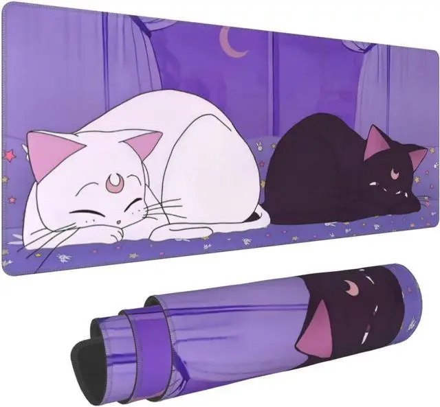Alt view image 3 of 7 - Anime Kawaii Gaming Mouse Pad Cute Cat Large Desk Mat XL Lavender Purple Extended Mousepad Gaming Desktop Mat Laptop Keyboard Mouse Mat Desk Pad 31.5x11.8in Non-Slip Rubber Base with Stitched Edges