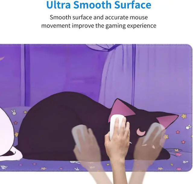 Alt view image 5 of 7 - Anime Kawaii Gaming Mouse Pad Cute Cat Large Desk Mat XL Lavender Purple Extended Mousepad Gaming Desktop Mat Laptop Keyboard Mouse Mat Desk Pad 31.5x11.8in Non-Slip Rubber Base with Stitched Edges