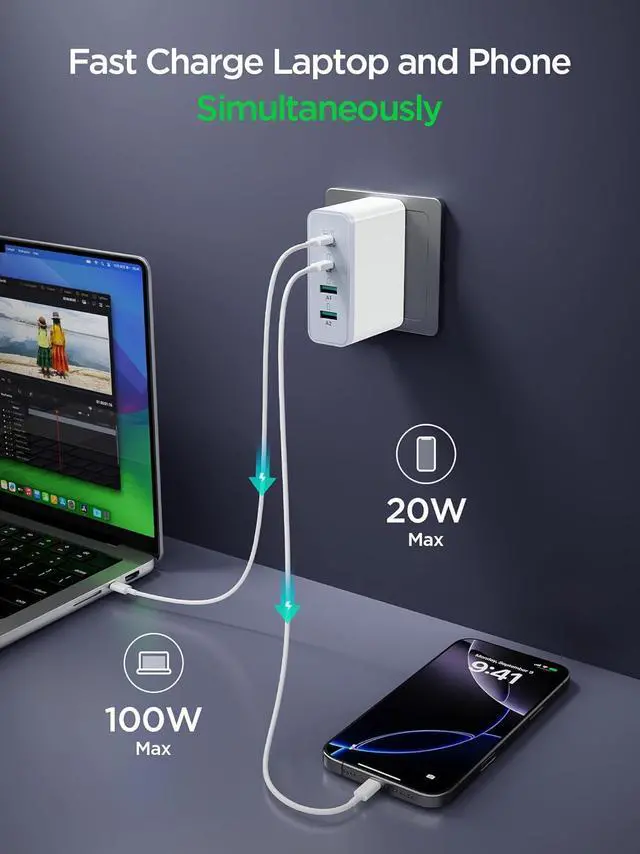 Alt view image 3 of 7 - MacBook Pro Charger-Exclusive PD3.0 PPS 100W USB C Charger Block 120W GaN Fast Charger for MacBook Pro/Air iPhone  Galaxy iPad Pro-White