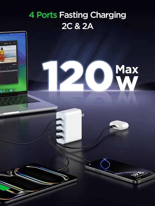Alt view image 4 of 7 - MacBook Pro Charger-Exclusive PD3.0 PPS 100W USB C Charger Block 120W GaN Fast Charger for MacBook Pro/Air iPhone  Galaxy iPad Pro-White