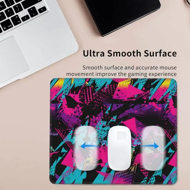 Alt view image 4 of 6 - Abstract Grunge Elements Mouse Pad Neon Color Patterns Square Waterproof Mouse Mat Non-Slip Rubber Base Durable Stitched Edges Computer Mousepad for Gaming Home Office Wireless Mouse 9.5x7.8