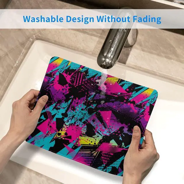 Alt view image 5 of 6 - Abstract Grunge Elements Mouse Pad Neon Color Patterns Square Waterproof Mouse Mat Non-Slip Rubber Base Durable Stitched Edges Computer Mousepad for Gaming Home Office Wireless Mouse 9.5x7.8