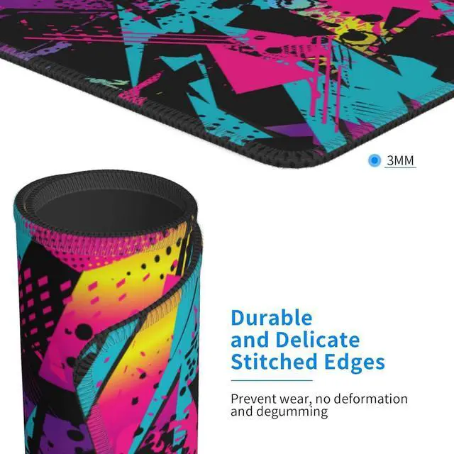 Alt view image 2 of 6 - Abstract Grunge Elements Mouse Pad Neon Color Patterns Square Waterproof Mouse Mat Non-Slip Rubber Base Durable Stitched Edges Computer Mousepad for Gaming Home Office Wireless Mouse 9.5x7.8