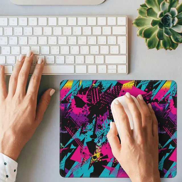 Alt view image 6 of 6 - Abstract Grunge Elements Mouse Pad Neon Color Patterns Square Waterproof Mouse Mat Non-Slip Rubber Base Durable Stitched Edges Computer Mousepad for Gaming Home Office Wireless Mouse 9.5x7.8