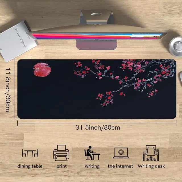 Alt view image 3 of 7 - Large Gaming Mouse Pad Big Desk Mat for Keyboard and Mouse Full Desk Pad for Office Computer Laptop PC Long Mouse Mat for Desk Black Cherry Blossom Portable Aesthetic Non Slip Waterproof Pretty