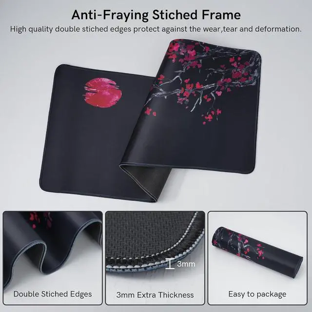 Alt view image 6 of 7 - Large Gaming Mouse Pad Big Desk Mat for Keyboard and Mouse Full Desk Pad for Office Computer Laptop PC Long Mouse Mat for Desk Black Cherry Blossom Portable Aesthetic Non Slip Waterproof Pretty