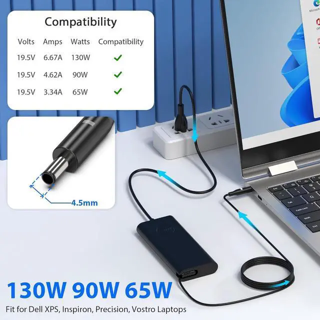 Alt view image 2 of 6 - 130W 4.5mm Round Tip AC Adapter Laptop Charger Replacement for  XPS 15 7590 9530 9550 9560 9570 Inspiron 7348 Precision 5510 5520 5530 5540 HA130PM130 0V363H DA130PM130 06TTY6 Power Cord Supply