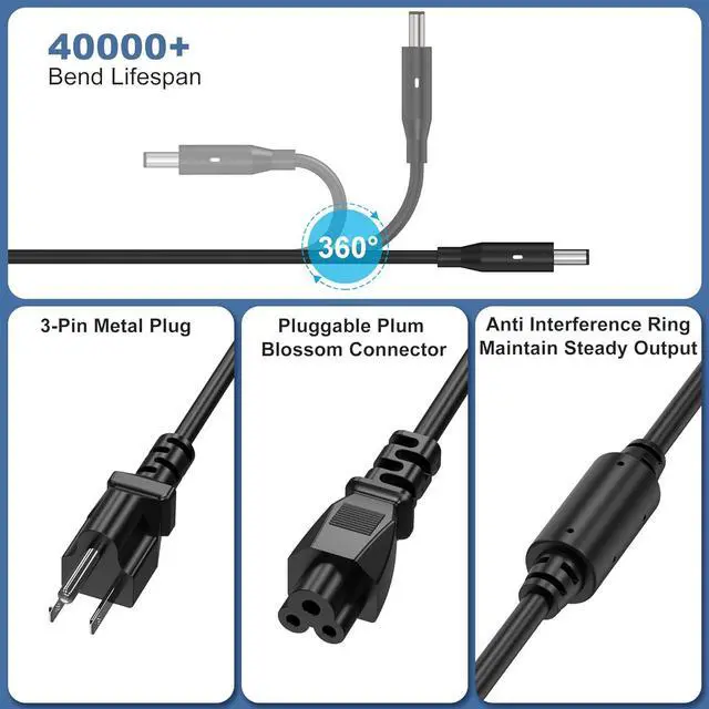 Alt view image 3 of 6 - 130W 4.5mm Round Tip AC Adapter Laptop Charger Replacement for  XPS 15 7590 9530 9550 9560 9570 Inspiron 7348 Precision 5510 5520 5530 5540 HA130PM130 0V363H DA130PM130 06TTY6 Power Cord Supply