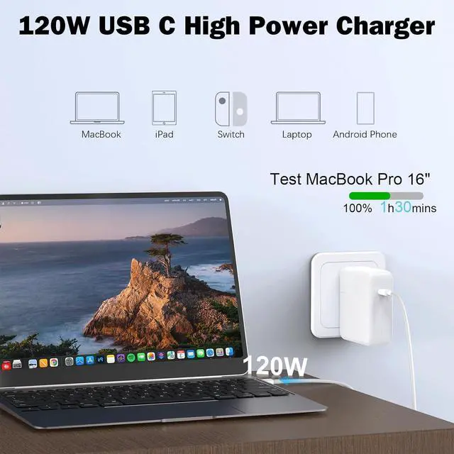 Alt view image 2 of 7 - Mac Book Pro Charger - 120W USB C Fast Charger Adapter Compatible with MacBook Pro & MacBook Air 13 14 15 16 inch iPad Pro  Galaxy and All USB C Device