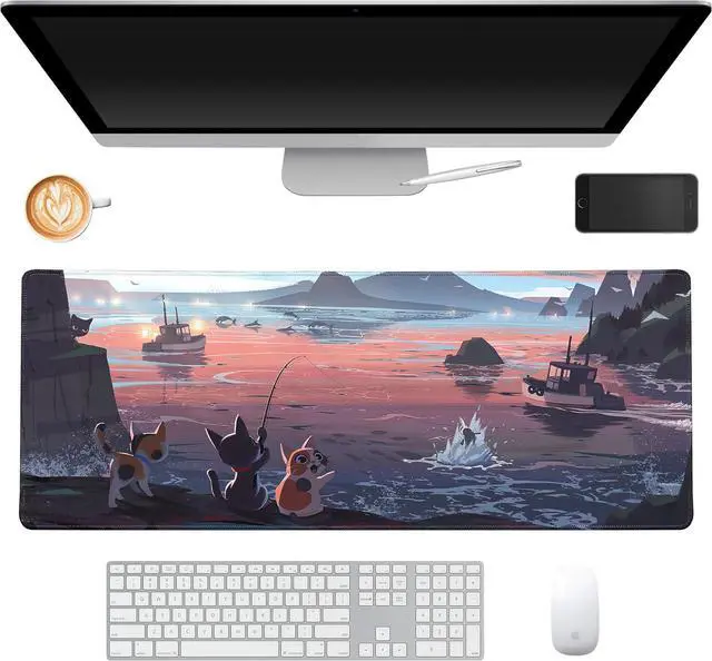 Alt view image 2 of 7 - Cat Fishing Large Gaming Mouse Pad for Desk XL Big Mouse Pad Gaming Desk Mat Cute Cats Mouse Mat Mousepad with Non-Slip Base and Stitched Edge Keyboard Desk Pad for Home Office Work 31.5 x 11.8 in