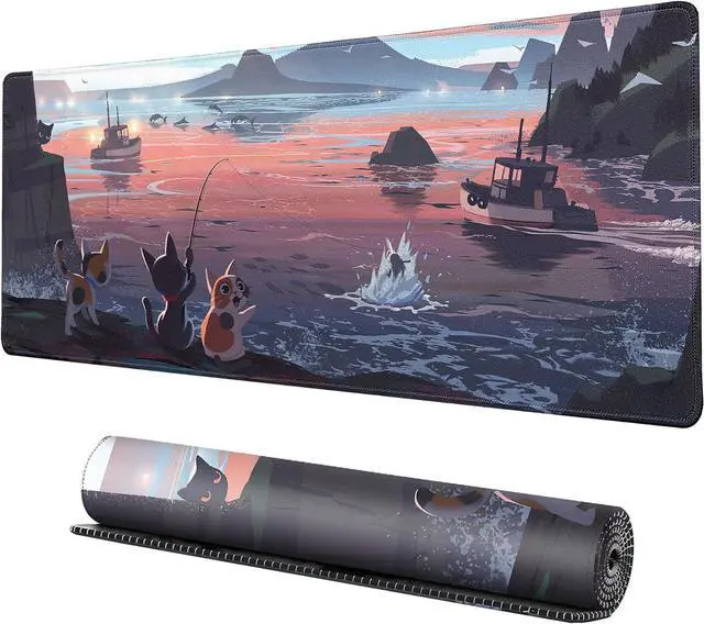 Main image of Cat Fishing Large Gaming Mouse Pad for Desk XL Big Mouse Pad Gaming Desk Mat Cute Cats Mouse Mat Mousepad with Non-Slip Base and Stitched Edge Keyboard Desk Pad for Home Office Work 31.5 x 11.8 in