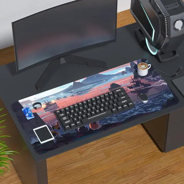 Alt view image 6 of 7 - Cat Fishing Large Gaming Mouse Pad for Desk XL Big Mouse Pad Gaming Desk Mat Cute Cats Mouse Mat Mousepad with Non-Slip Base and Stitched Edge Keyboard Desk Pad for Home Office Work 31.5 x 11.8 in