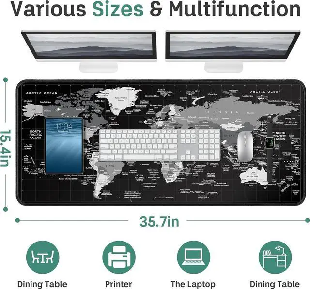 Alt view image 2 of 7 - World Map Gaming Mouse Pad Black Desk Mat Desk Pad XXL Mouse Pads for Desk 35.4x15.7in Mousepad with Stitched Edges Non-Slip Rubber Base Waterproof Computer Keyboard Pad for Gamer Office&Work