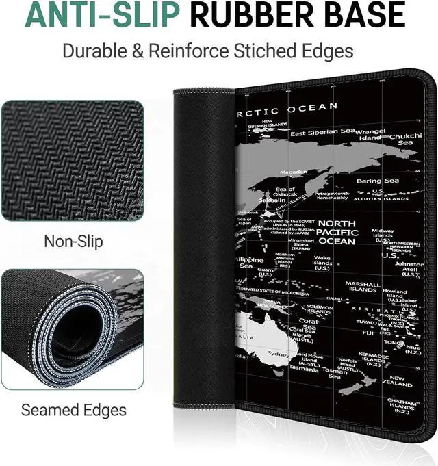 Alt view image 4 of 7 - World Map Gaming Mouse Pad Black Desk Mat Desk Pad XXL Mouse Pads for Desk 35.4x15.7in Mousepad with Stitched Edges Non-Slip Rubber Base Waterproof Computer Keyboard Pad for Gamer Office&Work