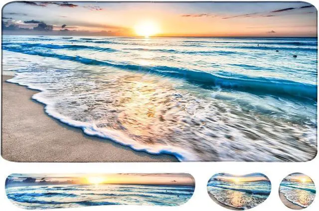 Main image of 4-in-1 Large Gaming Mouse Pad Keyboard Wrist Rest Pad & Wrist Support Mousepad Set Extended Desk Pad Waterproof Desk Mat for Home Office Study Game-Beach