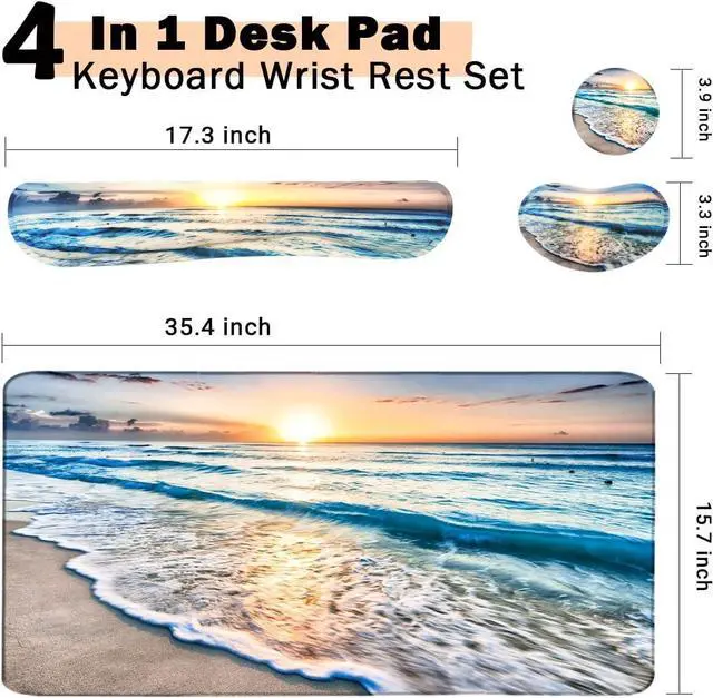 Alt view image 2 of 6 - 4-in-1 Large Gaming Mouse Pad Keyboard Wrist Rest Pad & Wrist Support Mousepad Set Extended Desk Pad Waterproof Desk Mat for Home Office Study Game-Beach