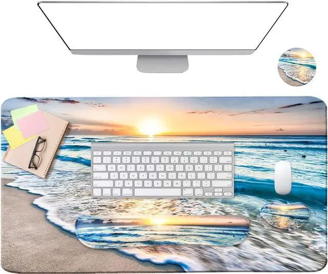 Alt view image 5 of 6 - 4-in-1 Large Gaming Mouse Pad Keyboard Wrist Rest Pad & Wrist Support Mousepad Set Extended Desk Pad Waterproof Desk Mat for Home Office Study Game-Beach