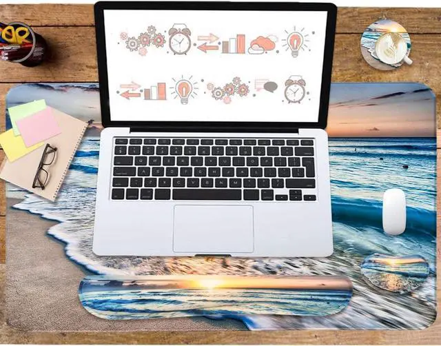 Alt view image 6 of 6 - 4-in-1 Large Gaming Mouse Pad Keyboard Wrist Rest Pad & Wrist Support Mousepad Set Extended Desk Pad Waterproof Desk Mat for Home Office Study Game-Beach