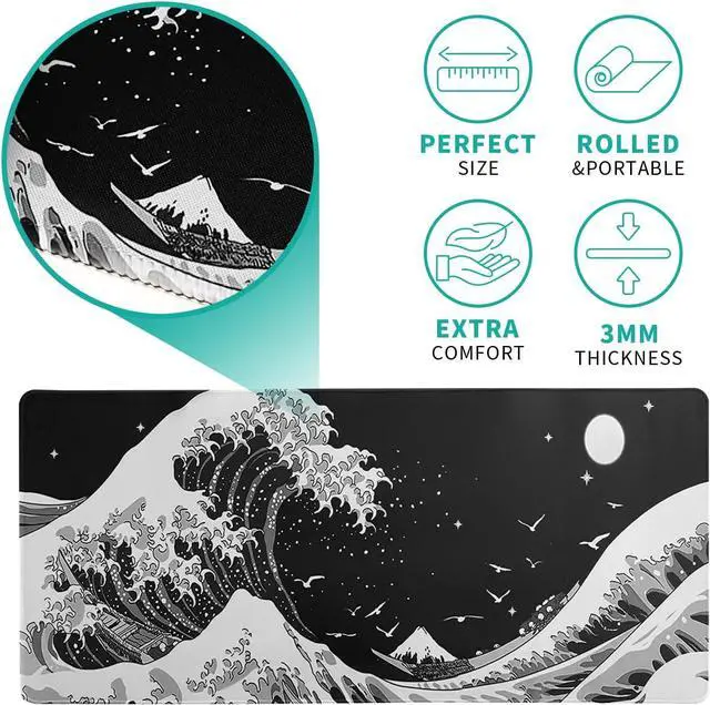 Alt view image 6 of 7 - Japanese Black Sea Wave Mouse Pad Abstract Black Gaming Mouse Pad 31.5x11.8 Inch Sea Wave Texture Non-Slip Rubber Base Wave Large Mousepad Stitched Edges Keyboard Mouse Mat Desk Pad for Office Home
